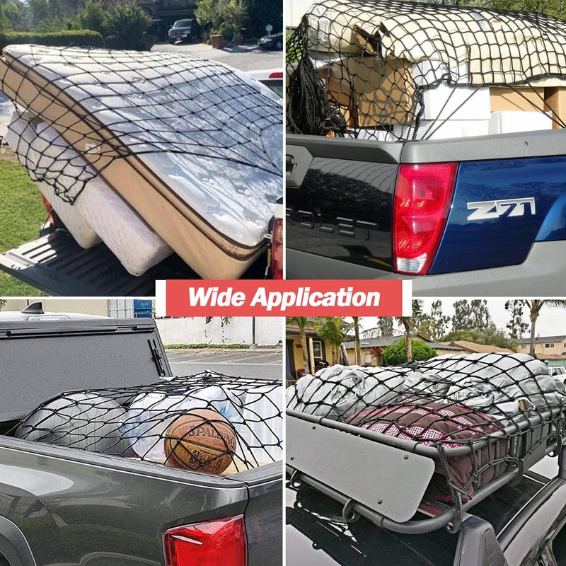 ZOZOE Natural Latex Core Super Duty Cargo Net for Pickup Truck Bed 4'x6' Stretches to 8'x12' | 12 Carabiners + 12 Hooks | Small Tight 4”x4” Mesh Bungee Net for Ford, Dodge, Chevy, Toyota, GMC - Image 3